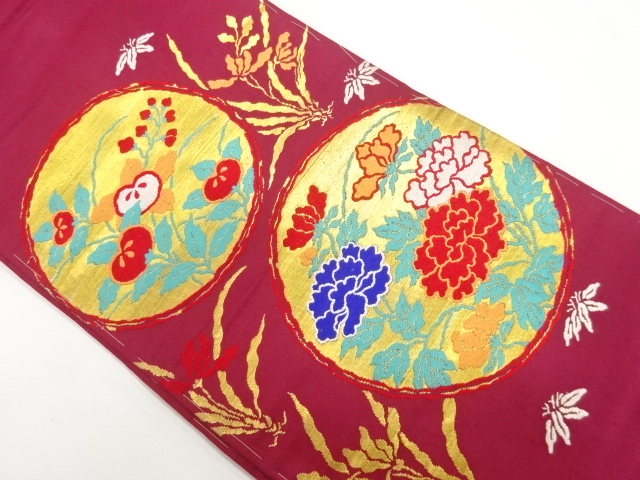 アンティーク　丸紋に草花模様織り出し名古屋帯(着用可)